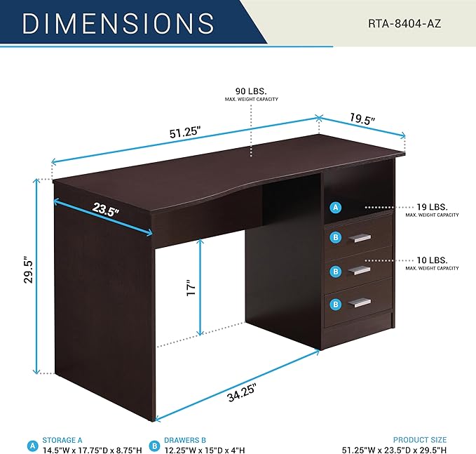 Techni Mobili 51" Classic Computer Desk with Drawers, 3-Drawer Home Office Desk with Storage (Brown)