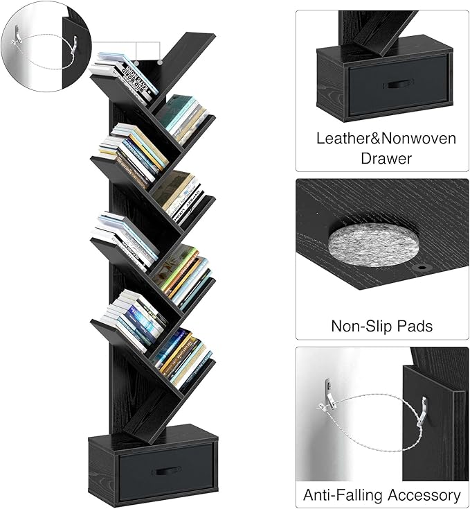 Rolanstar Bookshelf with Drawer,9 Shelf Tree Bookshelf,Retro Bookcase,Wooden Storage Rack for CDs/Movies/Books, Utility Organizer Shelves for Bedroom, Living Room, Home Office