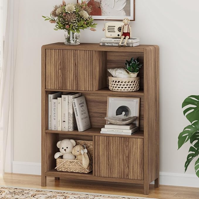 FATORRI Bookshelf with Storage, 5 Cube Bookcase with Doors, Farmhouse Wood Cube Storage Organizer for Home Office, Bedrooom, Living Room (Walnut)