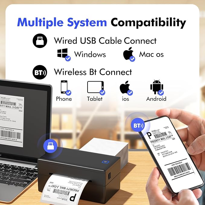 Bluetooth Thermal Shipping Label Printer for Small Business Office or Home,Wireless 4x6 Label Printer,Printers for Shipping Package, Compatible with iPhone & Android, Amazon, Shopify, USPS
