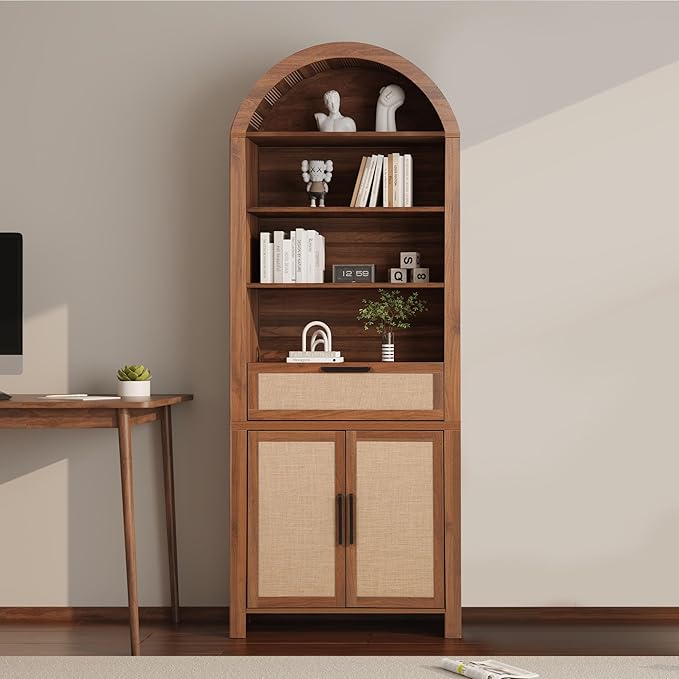 79" Tall Arched Bookcase with Storage, Mid Century Modern 6-Tier Cabinet with Door and Drawer, Arched Bookshelf with Open Display Shelf for Office Living Room(Walnut, 79inch-Doors)