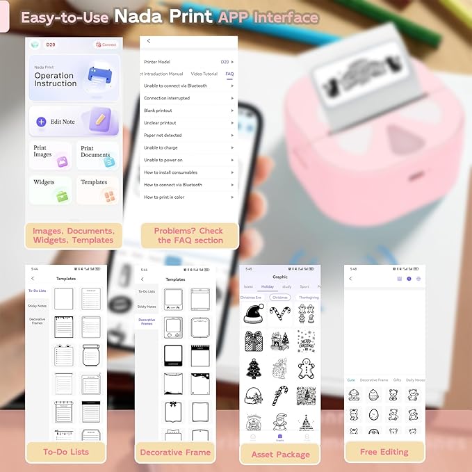 ciciglow D20 Pink Mini Sticker Printer, Label Maker Machine with 3 Rolls Colored Thermal Paper (Battery Included), Portable Inkless Sticker Maker, APP, for DIY Crafts, Journaling, Office Home Use