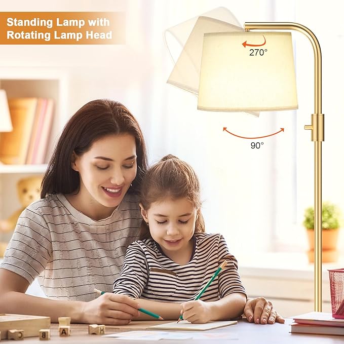 Ambimall 𝐅𝐮𝐥𝐥𝐲 𝐃𝐢𝐦𝐦𝐚𝐛𝐥𝐞 Floor Lamp - Floor Lamps with 9W 𝐋𝐄𝐃 Bulb, Standing Lamps for Living Room with Adjust Head, Modern Standing Tall Light Rotary Switch for Office(Gold and Beige)