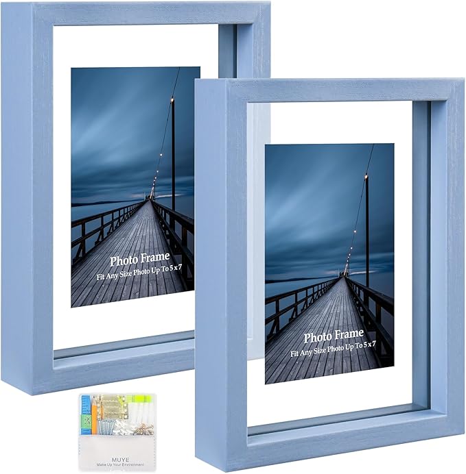 MUYE 5x7 Floating Frame Set of 2,Double Real Glass Photo Frame for Wall Hanging or Tabletop Standing,Also Display 4x6 or 3x5 Photo for Floating Effect,Blue