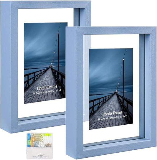 MUYE 5x7 Floating Frame Set of 2,Double Real Glass Photo Frame for Wall Hanging or Tabletop Standing,Also Display 4x6 or 3x5 Photo for Floating Effect,Blue