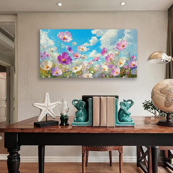 JLXART Canvas Wall Art Floral Wildflower Meadow Painting Purple and White Cosmos Flowers Picture Prints Summer Meadow Landscape Living Room Bedroom Decor 20 x 40 inches