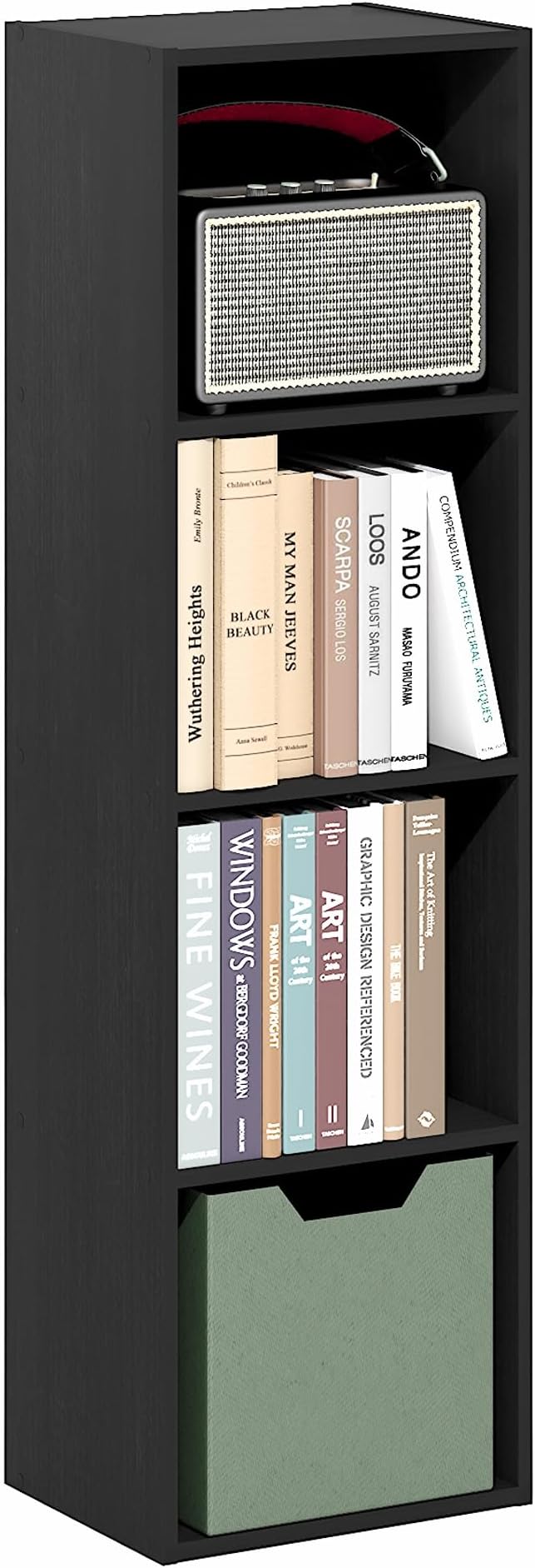 Furinno PASIR Book Shelf, 4-Tier Bookcase, Modern Standing Bookshelf, Open Storage Shelf, 9 x 12 x 42 Inches, for Home Office, Living Room, Darkwood