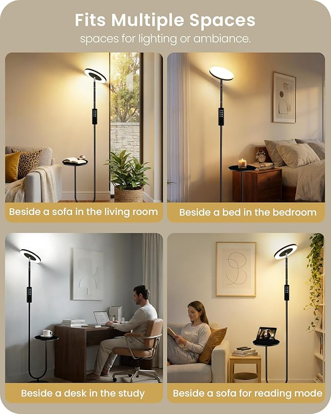 Floor Lamp with Table, Dimmable Standing Light with 3 Temperatures & Remote Control, LED Up and Down Lighting with Tray, Modern Reading Torchiere Corner Lamp for Bedroom Office Black,B24LD05