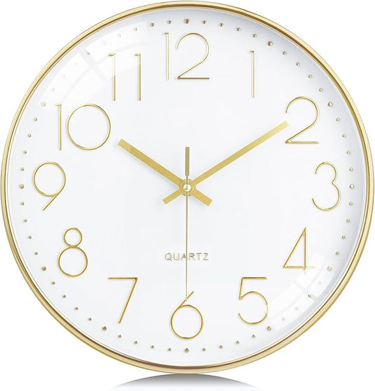 Lafocuse Silent 12 Inch 3D Numbers Gold Wall Clock for Living Room Home Decor, Battery Operated Gold Clock Wall Décor Analog for Kitchen Bedroom Office