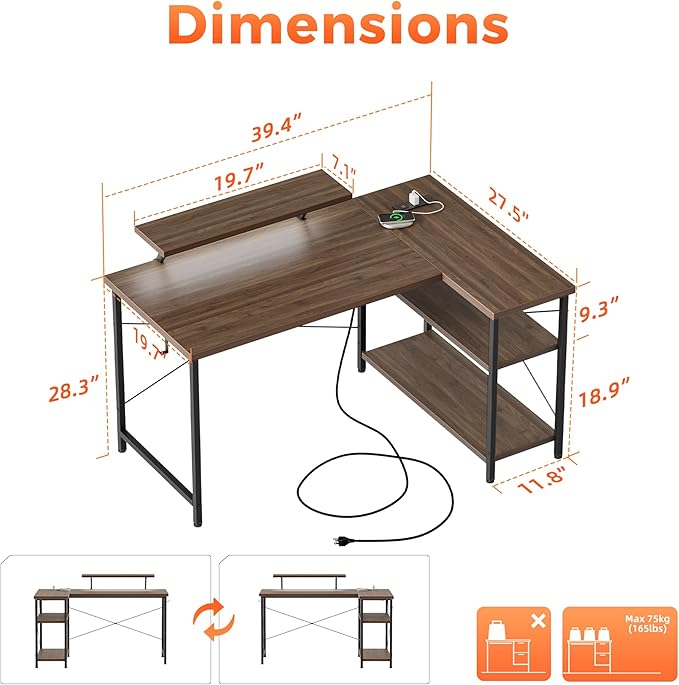 Mericonia Small L Shaped Computer Desk with Power Outlets, Reversible Gaming Desk with Storage Shelves & Monitor Stand, Corner Gamer Desk Table, Study Writing Table