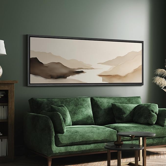 SIGNFORD Large Framed Canvas Print Wall Art Abstract Neutral Mountain Lake Landscape Illustrations Modern Art Calm Warm for Living Room, Bedroom, Office - 60"x20"