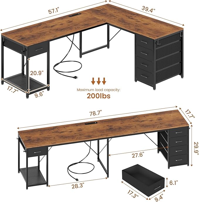 57" L Shaped Desk with 5 Drawers, Reversible Computer Corner Desk with Storage & Power Strip for Home Office, 78.7" Long 2 Person Desk, Rustic Brown