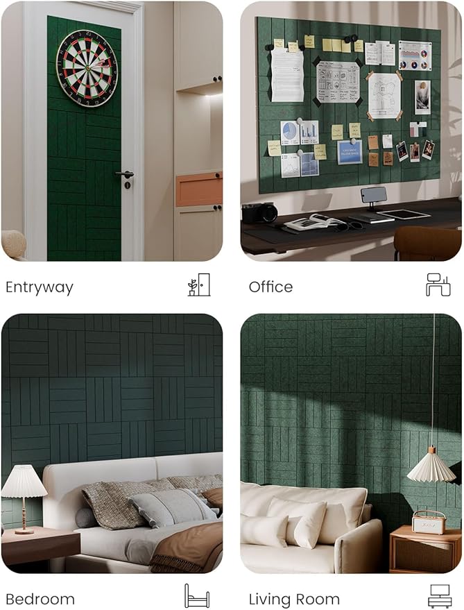 Bumusty Large Cork Board Alternative-48 x 36" Felt Bulletin Board Tiles, with 30 Pushpins, 70 Adhesive Tabs, 12-Pack Slat Wall Paneling, Cork Boards for Office Push Pin Board Felt Board-Pine Green