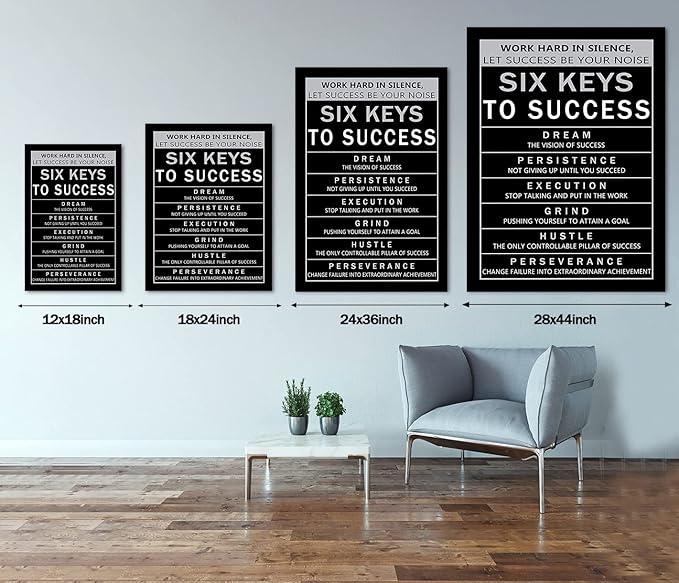 Yatsen Bridge Large Size Work Hard in Silence Let Success Be Your Noise Inspirational Office Quote Wall Art Six Keys to Success Artwork-24 inch x 36 inch