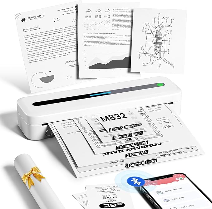 Portable Printer, 300DPI Wireless Bluetooth Thermal Printers, Support Multi-Size Thermal Paper, Compatible with iOS, Android & PC, Inkless Mobile Printer for Travel, Office, School, White