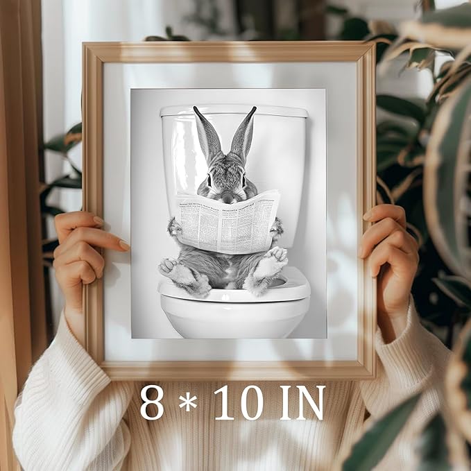 uniro Funny Bathroom Wall Art Prints Funny Rabbit on Toilet Wall Art Vintage Reading Newspaper Bunny Bathroom Print Whimsical Farmhouse Decor Cute Bunny Animal Canvas Print Painting Modern Bathroom Signs Wall Art Poster for Bathroom Decor( 8" x 10"-UNF...