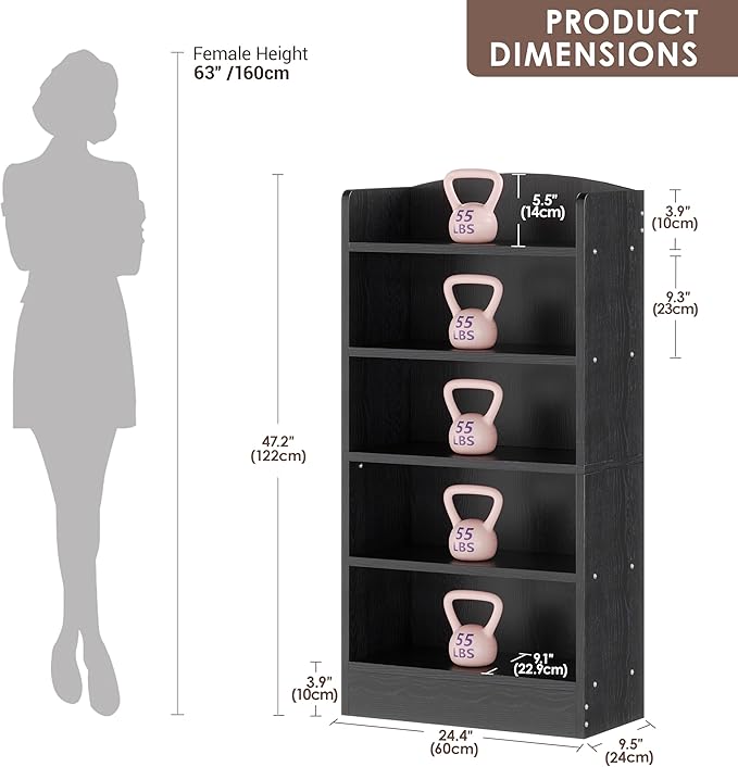 5 Tier Shelf Bookcase,47" Tall Bookshelf Display Storage Shelves,Freestanding Book Shelves for Bedroom Home Office Library Living Room,Black