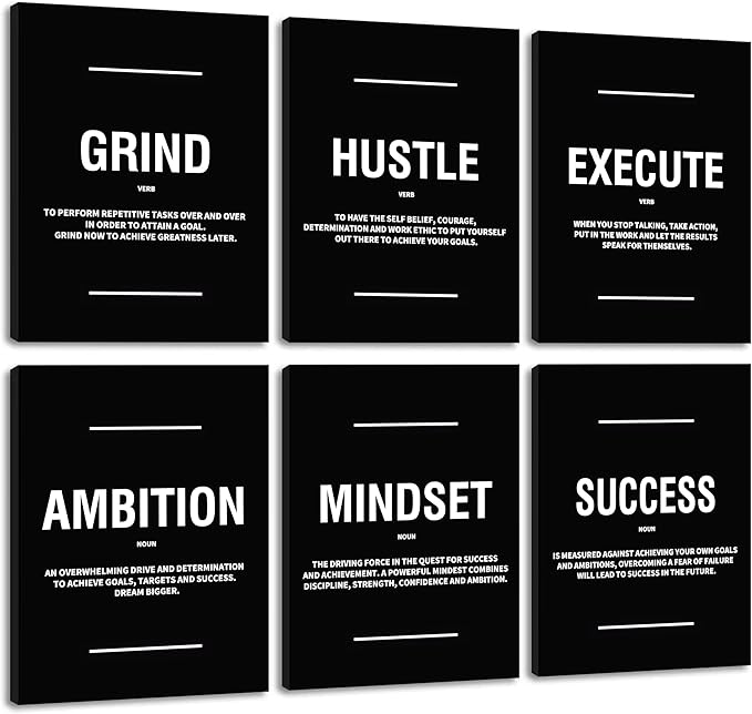 COSCTOR Set of 6 Grind Hustle Execute Ambition Mindset Success Motivational Wall Art Picture Decor Canvas Framed for Office Bedroom Inspirational Home Posters Paintings Ready to Hang(Framed,9x12)