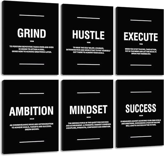 COSCTOR Set of 6 Grind Hustle Execute Ambition Mindset Success Motivational Wall Art Picture Decor Canvas Framed for Office Bedroom Inspirational Home Posters Paintings Ready to Hang(Framed,20x30)