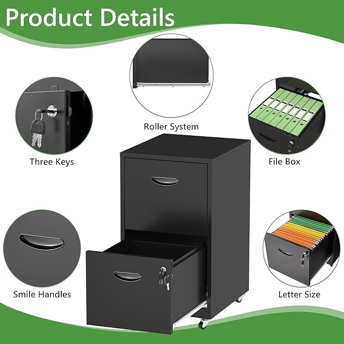2 Drawer Rolling File Cabinet with Lock,Filing Cabinets for Home Office,Two Drawer File Cabinet, Mobile Under Desk File Cabinets, Printer Stand with Wheels Fit Letter/A4,Assembly Required