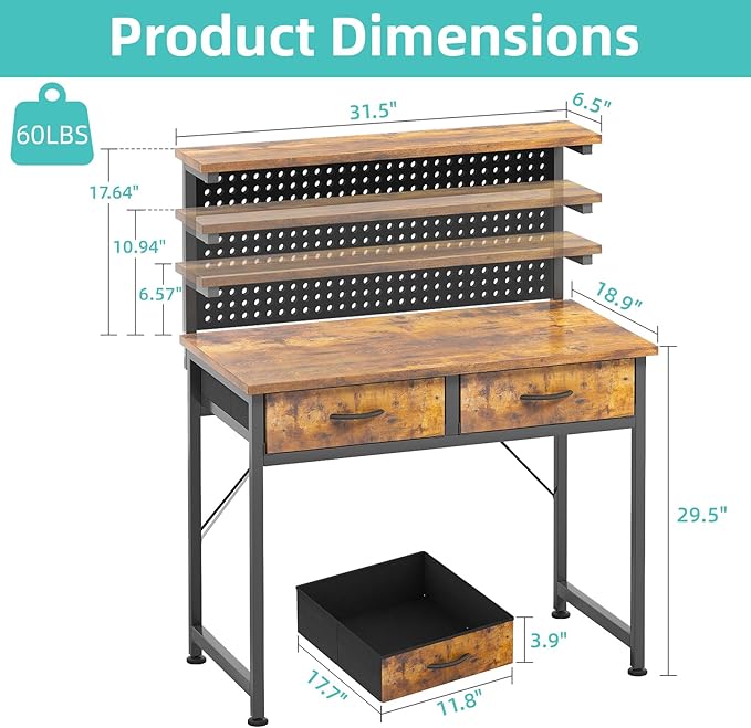 MUTUN Small Desk with Drawers, 31 Inch Computer Desk with Power Outlet & LED Light, Gaming Desk with Adjustable Monitor Stand & Pegboard, Modern PC Study Writing Table for Bedroom, Rustic Brown