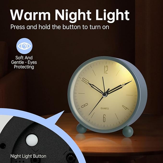 Analog Alarm Clock, 4 inch Super Silent Non Ticking Small Clock with Night Light, Battery Operated, Simple Design, Old fashioned Style SkyBlue decor, for Bedroom, Bedside, Desk, Adult, Kid, Gift, Blue