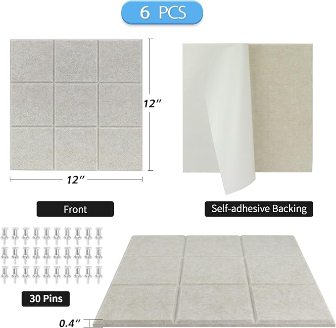 BXI Felt Bulletin Board - 12 X 12 X 3/8 Inches 6 Pcs Self-Adhesive Poster Cork Board with 30 Push Pins, Thick Pin Tiles Display Vision Board, Photo Picture Panels for Home Office Classroom Walls