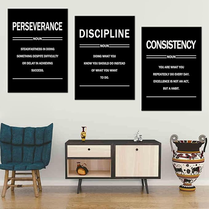 3 Pieces Motivational Posters Wall Decor Perseverance Discipline Consistency Inspirational Office Gym Positive Theme Picture Print for Living Room Workplace Stretched and Framed [60''W x 28''H]