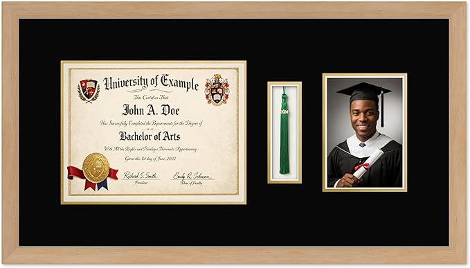 CountryArtHouse Diploma Tassel and Photo Shadowbox Fits 11 x 8.5 US Letter Certificate with Tassel Hook Natural Wood Genuine Hardwood with Black Over Metallic Gold Double mat