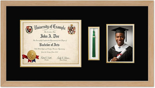 CountryArtHouse Diploma Tassel and Photo Shadowbox Fits 11 x 8.5 US Letter Certificate with Tassel Hook Natural Wood Genuine Hardwood with Black Over Metallic Gold Double mat
