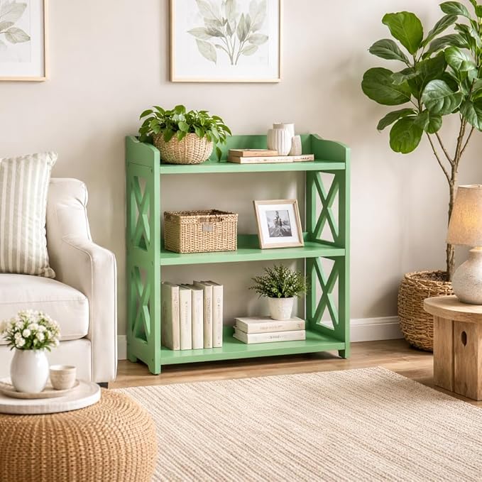 Green Bookcase by Natural Wood, 3 Tier Bookshelf, Small Book Shelves Freestanding Display Storage Shelves. Open Bookshelf for Bedroom, Living Room and Office (Green, 3 Tier)