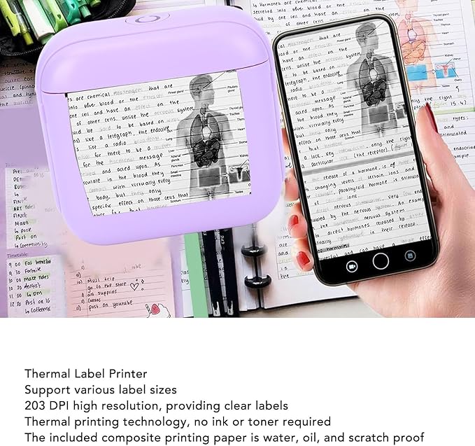 WALFRONT Thermal Label Printer Portable Inkless Label Printer for Home School Office, 203 DPI High Resolution Compact Design 1200mAh Battery (Violet)