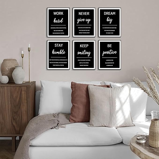 Motivational Quotes Wall Art Set,6 Piece Office Inspirational Wall Decor,Black and White Positive Quotes Canvas Prints,Work Hard,Never Give Up Painting for Office Bedroom Living Room 8x10in Posters