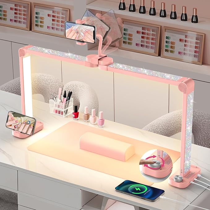Yokilly 48W Half Moon Light: 34" Shadow-Free Half Moon Light for Desk Salon - Foldable LED Desk Lamp with Stepless Brightness 3000K-6500K for Manicurist Nail Tech (Pink Diamond, Large)