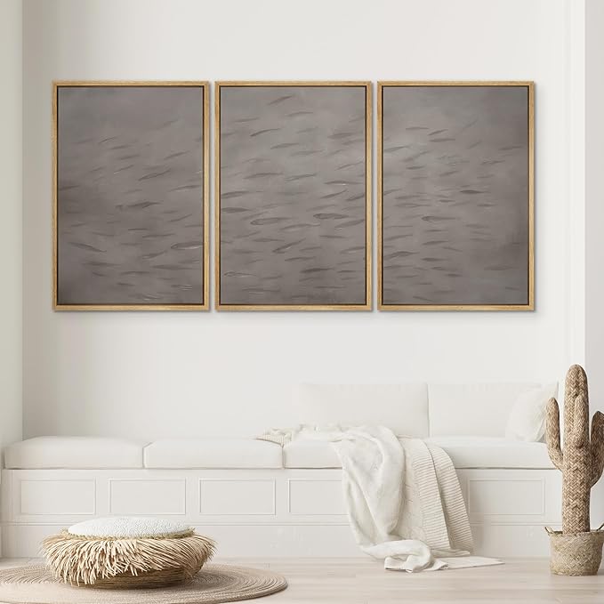 SIGNWIN Framed Canvas Print Wall Art Set Minimalist Fish Shoal Pattern Subtle Gray Underwater Illustrations Modern Art Decorative Abstract for Living Room, Bedroom, Office - 24"x36"x3 Natural