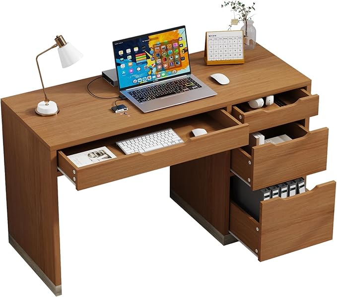 48 Inch Small Desk with 4 Drawers, Computer Desk with Storage File Drawer for Bedroom, Home Office Desk with Storage for Small Space, Brown