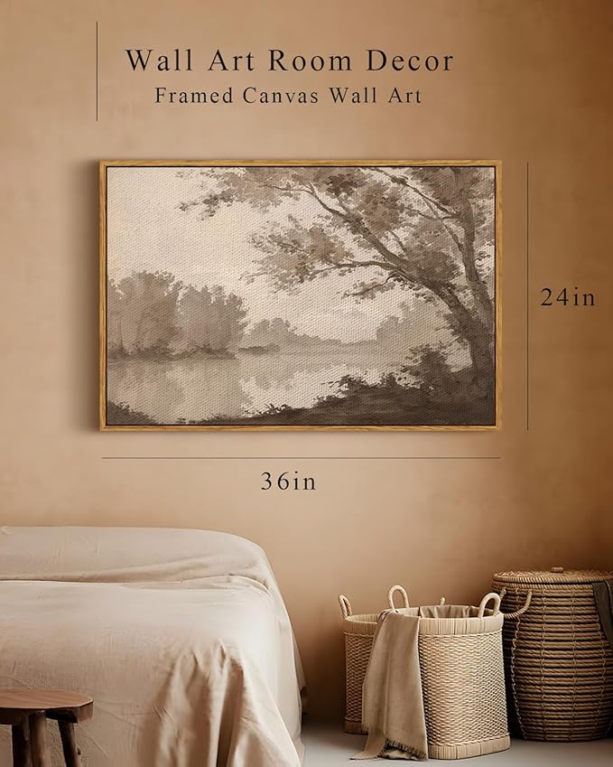 InSimSea Framed Canvas Prints Vintage Decor, Rustic Lake House Tree Landscape Paintings Wall Art, Large Scenery Countryside Farmhouse Hanging Wall Decor for Living Room Bedroom, 24x36inch
