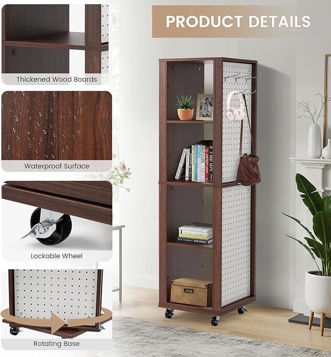 JOMEED Rotating Bookshelf Tower with Wheels, 4-Tier Corner Bookshelf with Pegboard, 360° Spinning Book Shelf Tower with Magazine Rack, Tall Bookcase, Narrow Bookcase