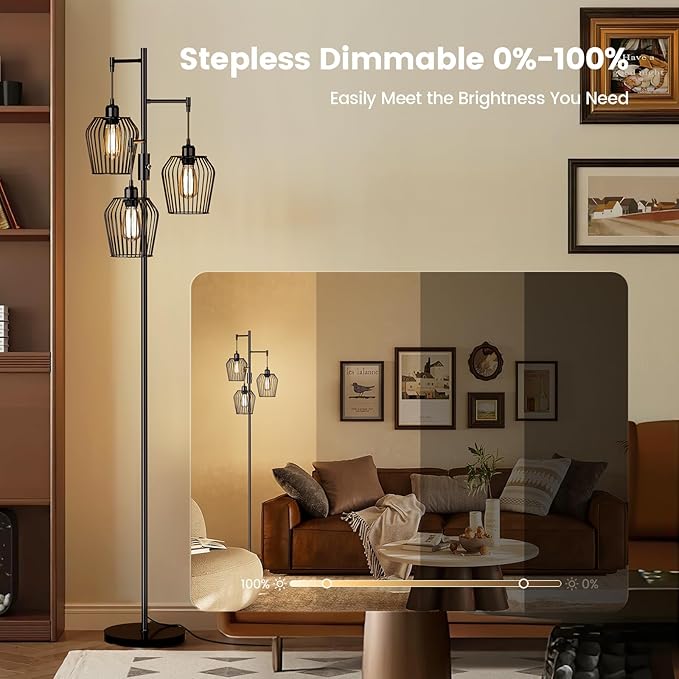 Dimmable Floor Lamp, Farmhouse Industrial Floor Lamp with Elegant Cage & 3 x 1000LM LED Bulbs, Tall Standing Lamp Black Tree Floor Lamps for Living Room Bedroom Office