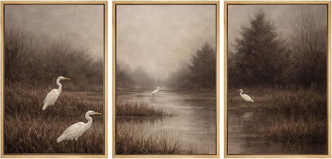 SIGNWIN Framed Canvas Print Wall Art Set Misty Marsh Herons Illustrations Decorative Relax/Calm Zen for Living Room, Bedroom, Office - 16"x24"x3 NATURAL
