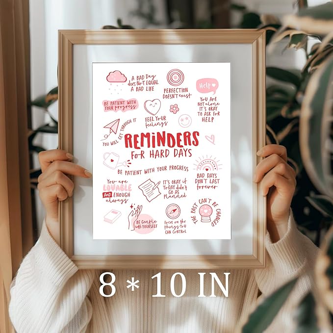 uniro Vintage Wall Art, Reminders for Hard Days, Mental Health Office Decor, Therapy Poster, Positive Affirmations, Calming Corner Wall Art, CBT Home Decor WallArt (8" x 10"-UNFRAMED)