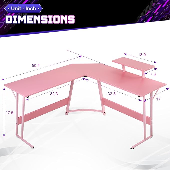 NChanmar L Shaped Gaming Desk with Monitor Riser Stand, Home Office Corner Desk for Studying, Working and Gaming, Large Desktop, Pink