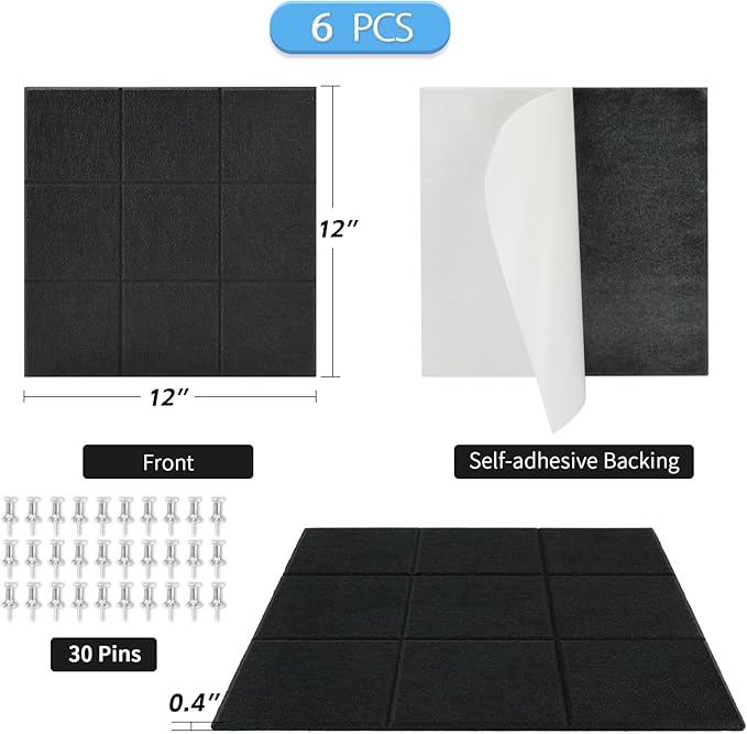 BXI Felt Bulletin Board - 12 X 12 X 3/8 Inches 6 Pcs Self-Adhesive Poster Cork Board with 30 Push Pins, Thick Pin Tiles Display Vision Board, Photo Picture Panels for Home Office Classroom Walls