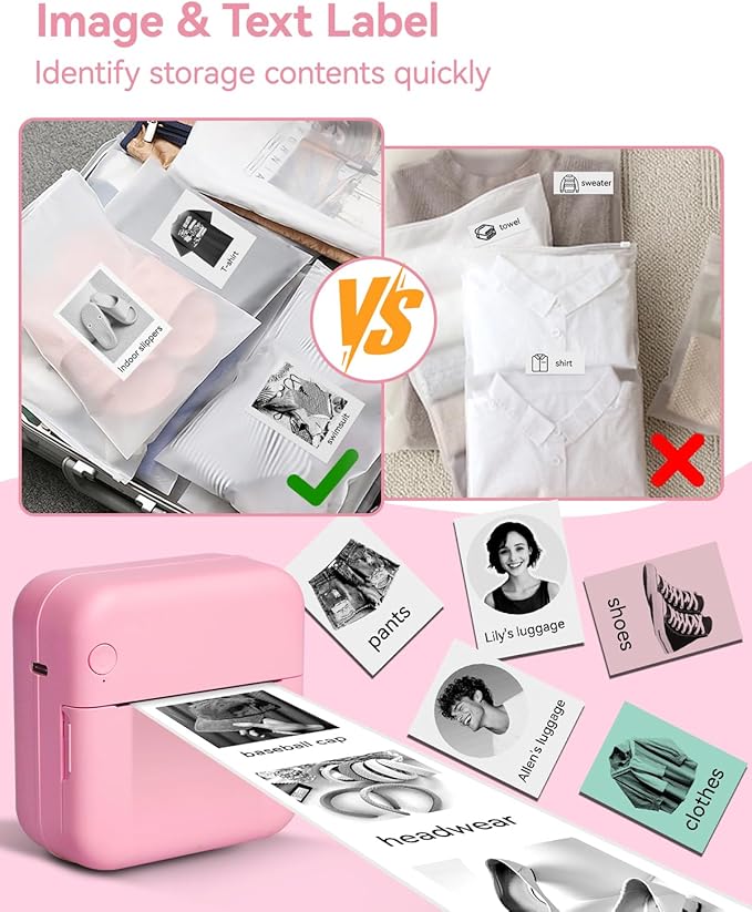 Aptika Sticker Printer - Mini Printer with 14 Rolls Self-Adhesive Papers, Pocket Label Maker for iPhone/Android, Bluetooth Thermal Machine for Students Children Birthday, Pink
