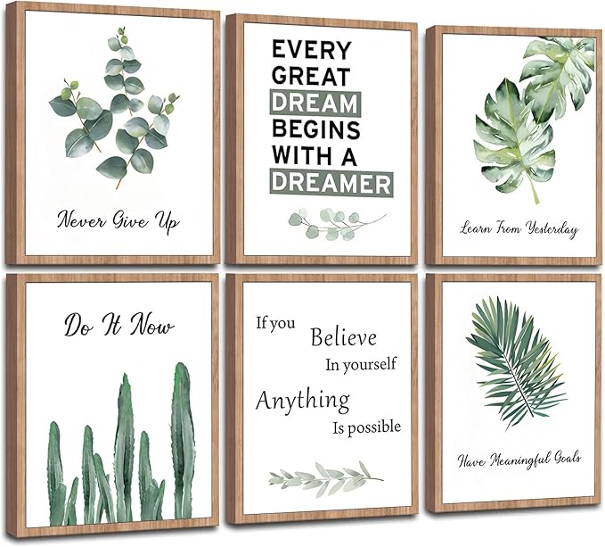 FRAMED Inspirational Wall Decor, Positive Affirmations & Motivational Art for Office, Bedroom & Classroom (Set of 6, 8x10in, Framed)