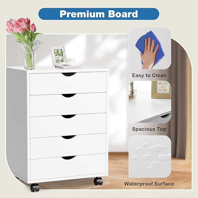 Chest File Cabinet with Wheels, Wooden Rolling Storage Dresser for Home Office, Chest Organization and Filing Cabinet for Documents, Mobile Office Furniture with Drawers