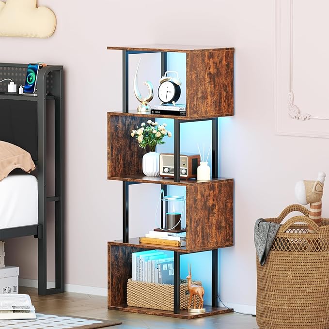 Furologee 5 Tier Geometric Bookshelf with LED Light, Small S-Shaped Bookcase, Industrial Display Standing Shelf, Metal Wooden Decorative Storage Shelves for Bedroom, Living Room, Office, Rustic Brown