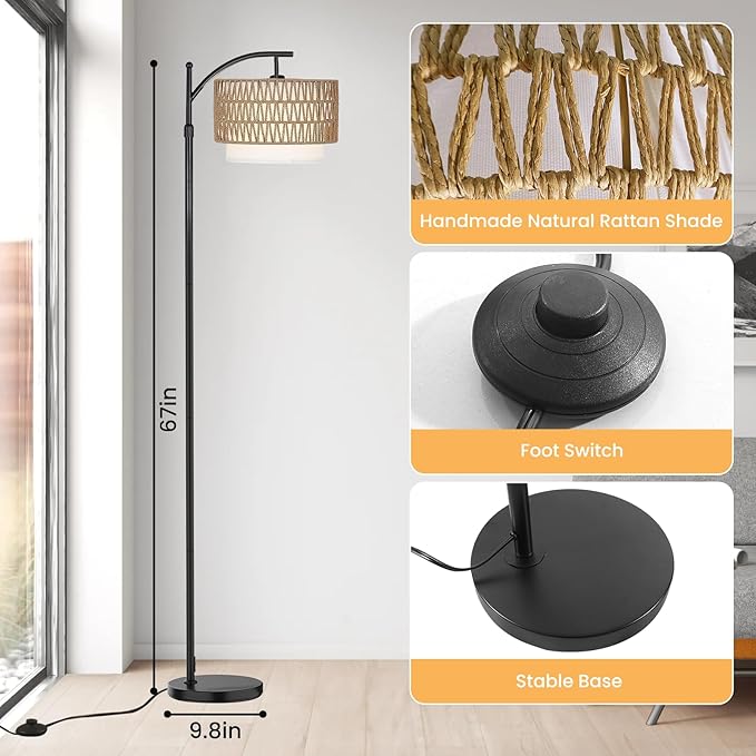 Arc Floor Lamp for Living Room,Farmhouse Floor Lamps with Remote Control & Dimmable Bulb,Rattan Boho Tall Standing Lamp for Bedroom Office