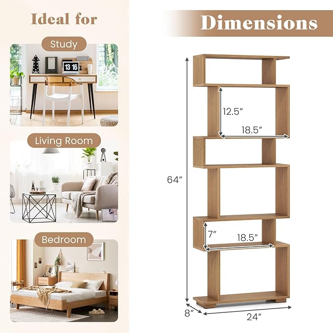 Giantex 6-Tier Geometric Bookshelves Set of 2, S-Shaped Bookcase with 2 Anti-Tipping Kits, Wooden Display Shelf, Decorative Storage Shelving Unit, Home Storage Organizer for Living Room, Natural