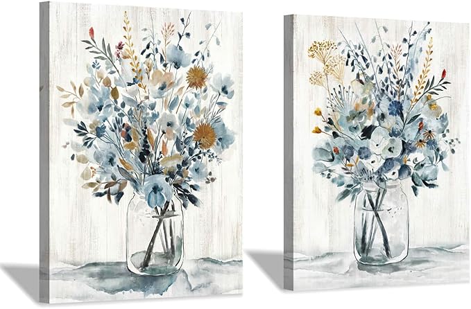 Hardy Gallery Floral Canvas Wall Art Prints: Abstract Blossom Flower Bouquet in Glass Bottle Picture Print on Canvas Small Size for Dining Room (12'' x 16'' x 2 Panels)